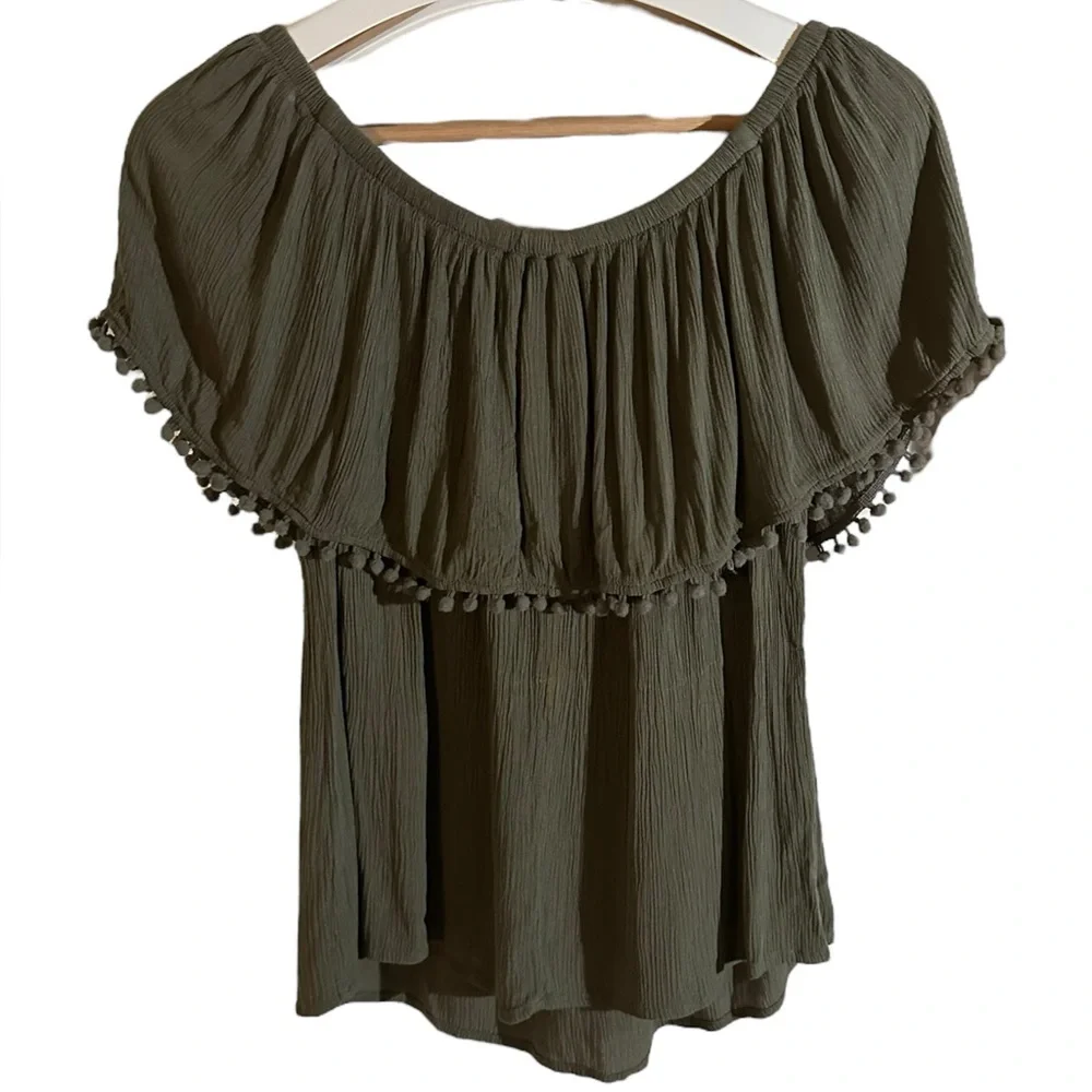 Blue Rain | Embroidered Olive Green Women's Shorts Sleeve Rayon Peplum Top - Picture 5 of 15